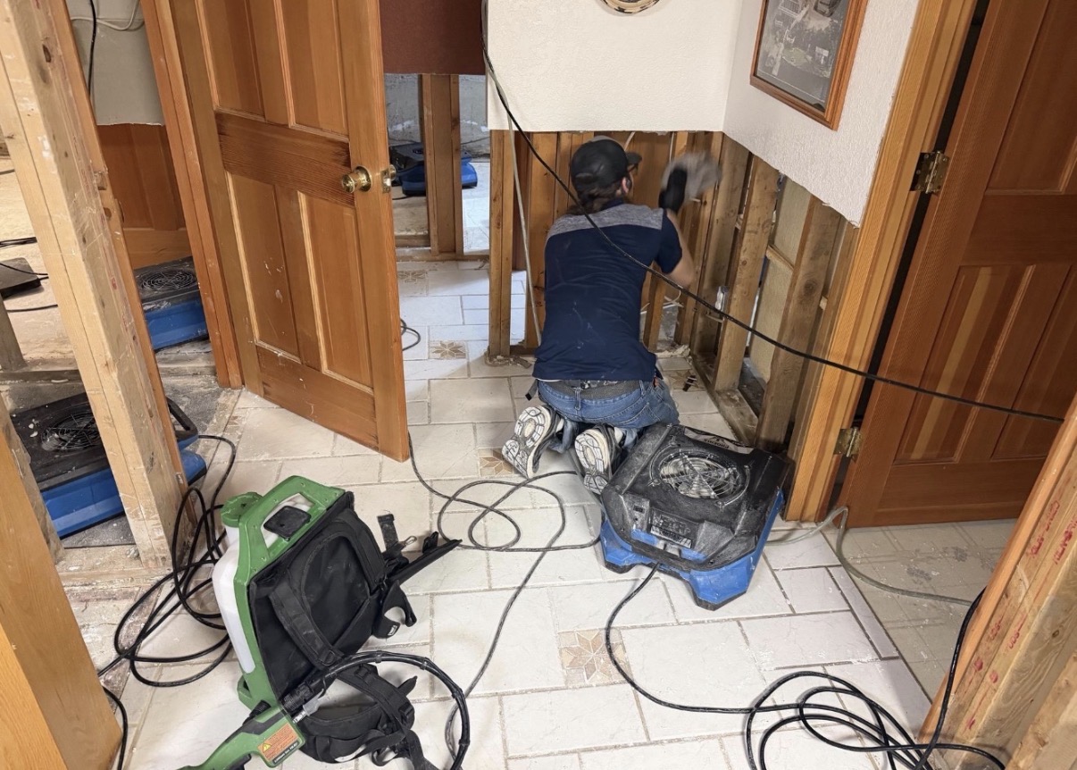 Technician removing damaged drywall during selective demolition